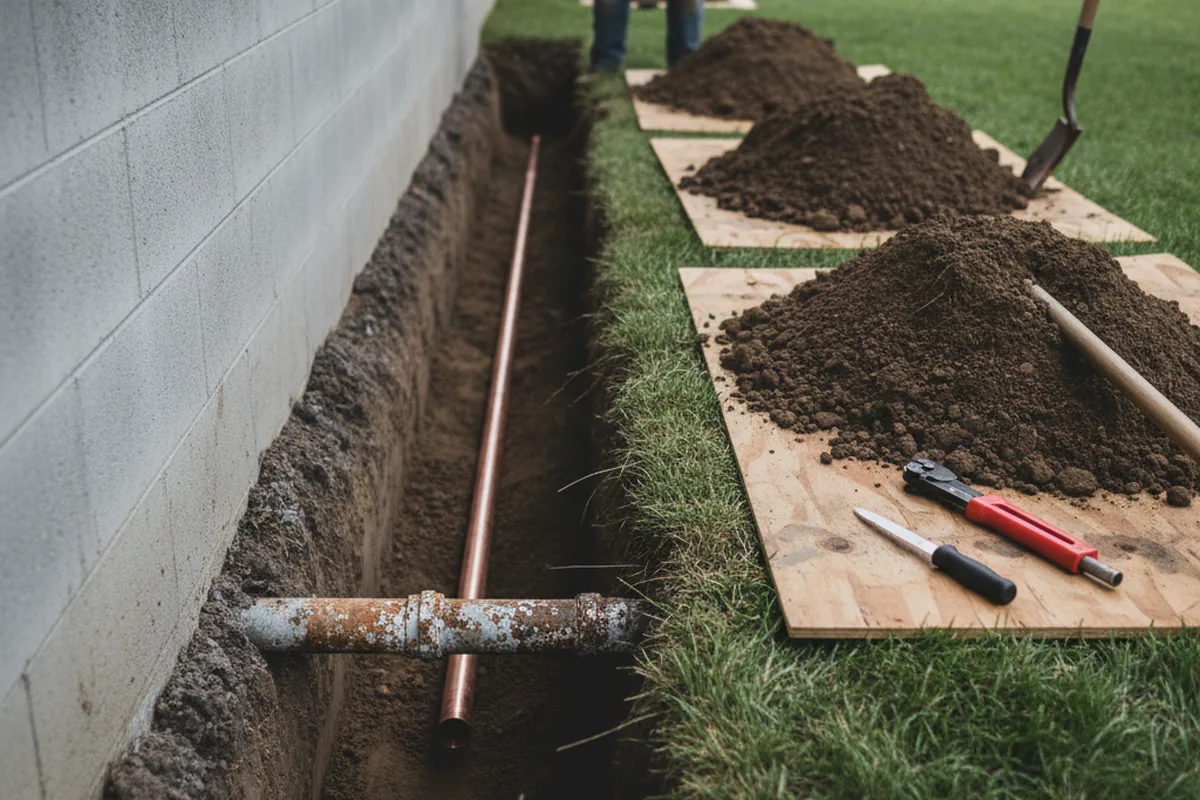 Excavated water line trench during Water Softener Installation in Evergreen